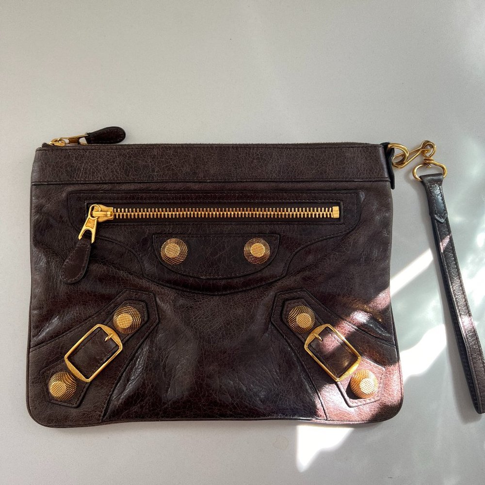 Authentic Argent Leather Balenciaga Wrislet Clutch Bag